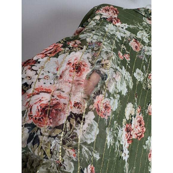 Hemant & Nandita Button Down Short Sleeve Blouse Floral Green L FLAW - Picture 11 of 12